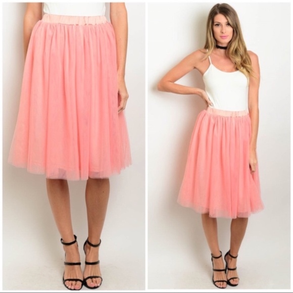 Pink Tulle Elastic Waist Party Midi Skirt NWT - Picture 2 of 5